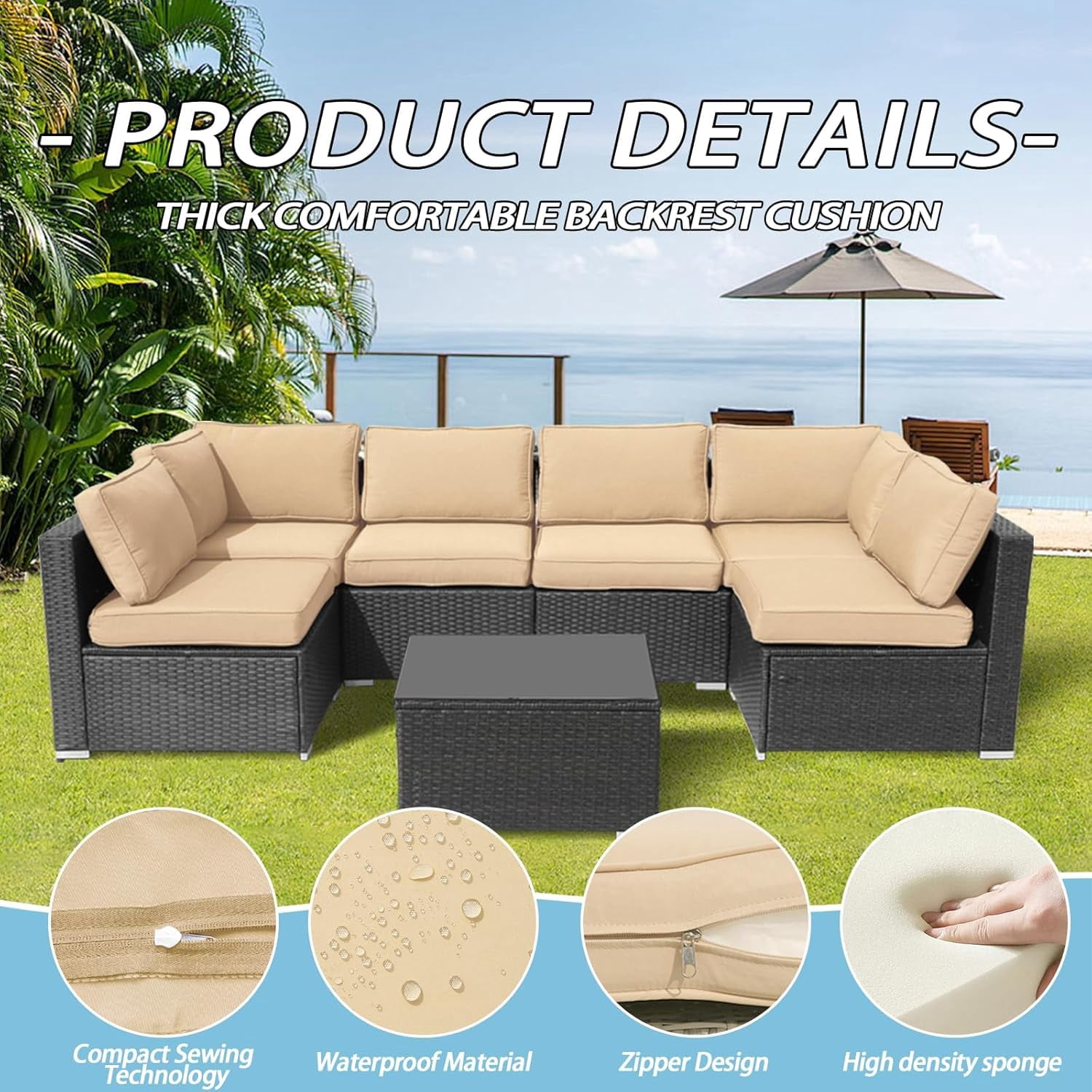 FKS LIFE Outdoor Replacement Cushions for Patio Furniture, Water-Resistant Sofa Cushion for 6-Seat Rattan Wicker Sectional Patio Conversation Sets, 14-Piece Cushions Set for Outdoor