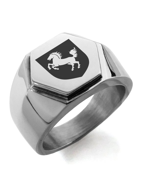 Stainless Steel Horse Battle Coat of Arms Shield Engraved Hexagon Crest Flat Top Biker Style Polished Ring