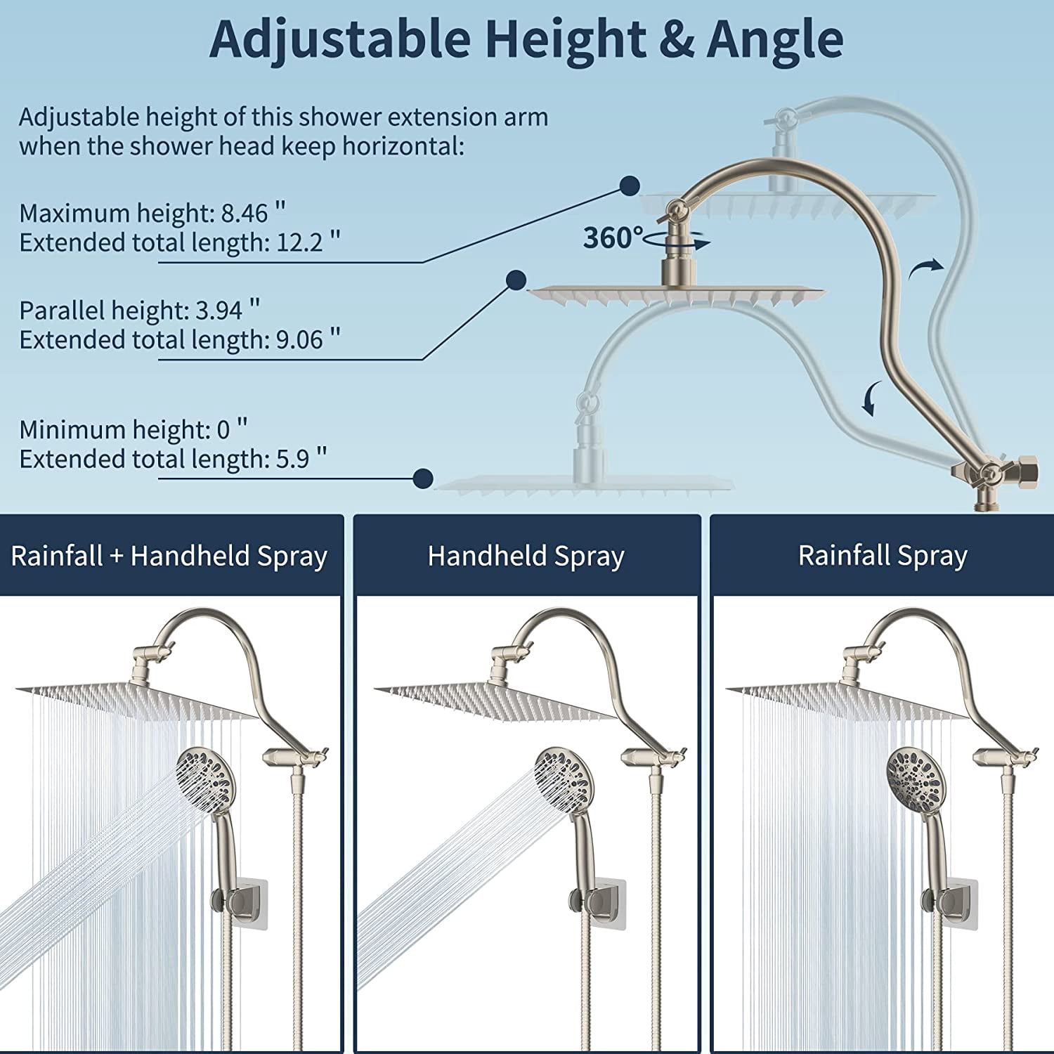 Hibbent 12'' All Metal Shower Head, High Pressure Rainfall Shower Head/Handheld Showerhead Combo/ 12'' Adjustable Curved Shower Extension Arm, 7-Spray,71'' Adhesive Showerhead Holder, Brushed Nickel