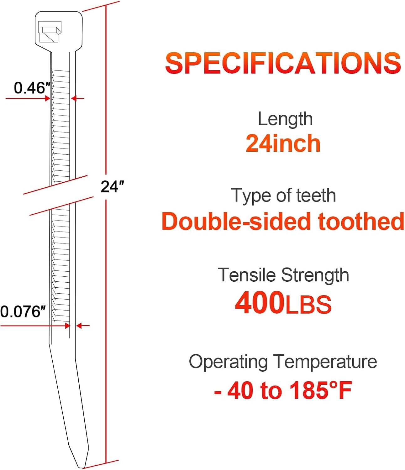Long Zip Ties Heavy Duty 24 inch，400 LBS Tensile Strength With Double Sided Toothed Super Durable Cable ，Extra Large Wire Adjustable Nylon Tie Wraps for Indoor Outdoor （100 Pack Black）