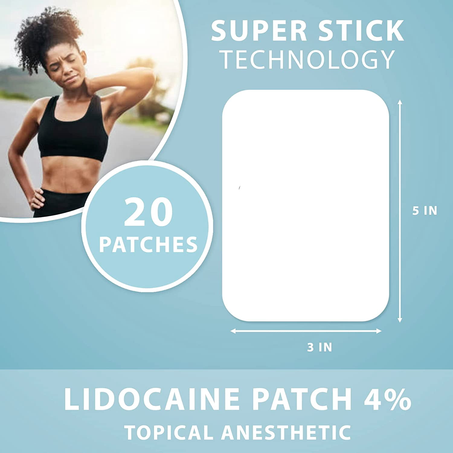 Curist Super Stick Lidocaine Patches Topical Pain Relief - Long Lasting Adhesive for Back Relief, Neck Relief, Sore Muscle Relief (20 Patches -1 Pack - 3x5 Lidocaine 4% Patches)