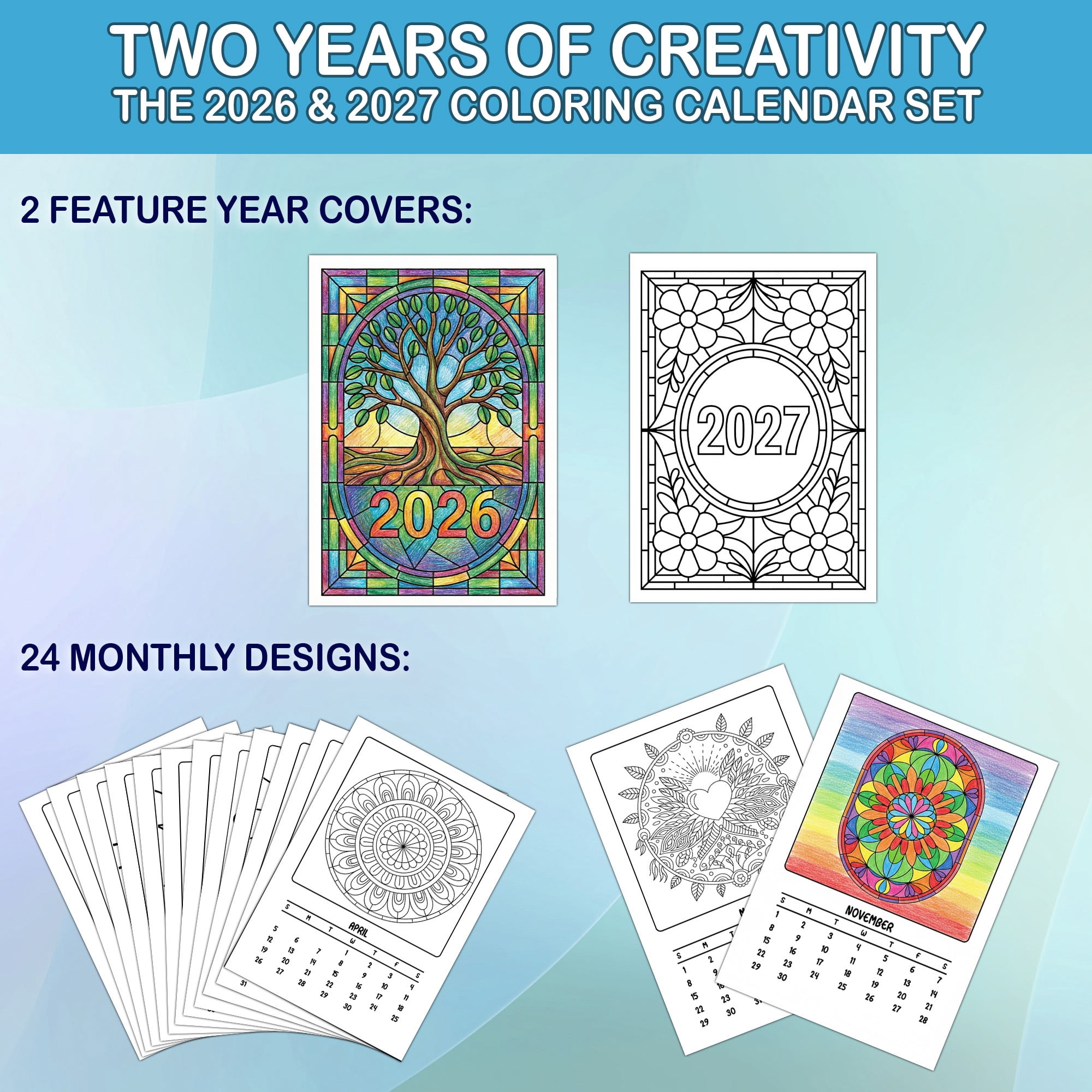 Stained Glass Patterns Coloring Desk Calendar 2026–2027, A5 Wooden Cover Planner with 26 Easy Coloring Pages for Adult Relaxation, 24 Month Desktop Calendar with Stand, Gift for Family & Friends