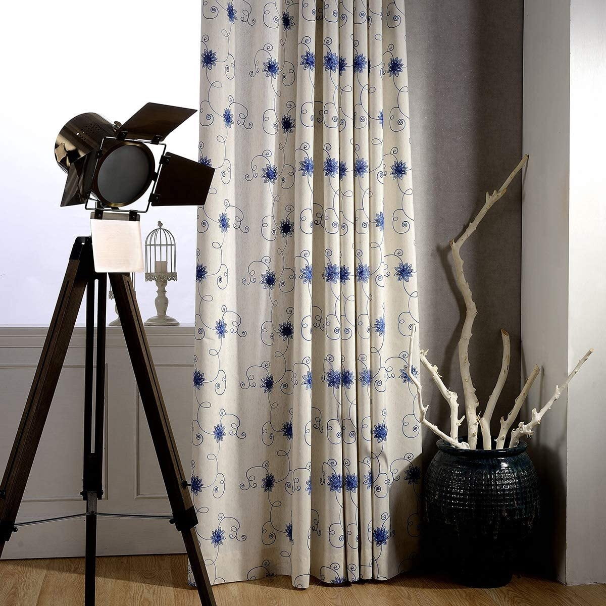 VOGOL Blue Floral and Vines Embroidery Linen Curtain Window for Bedroom Living Room, Light Filtering, Top Grommet, 2 Pieces, W52"xL84"