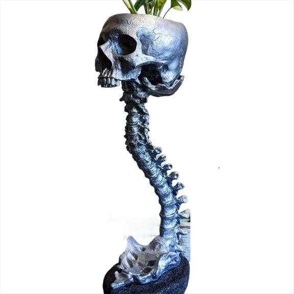 Resin Skull Planter & Spine Stand Set, Polyresin Skulls Pot, Silver
