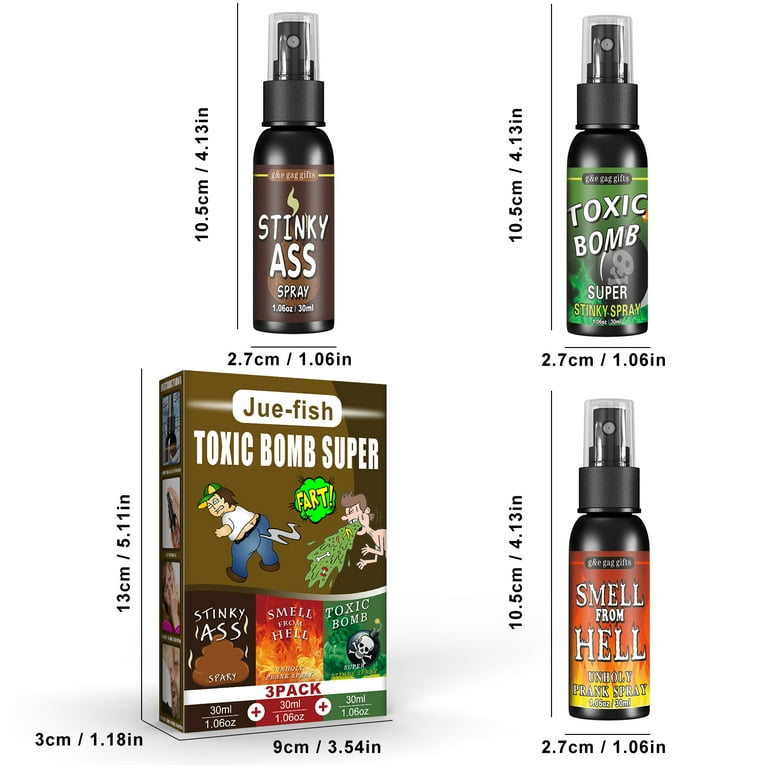  Nasty Smelling 3 Pack - Stinky Ass Fart Spray - Toxic Bomb - Smell  From Hell - Plus 2 oz Stinky Ass Hand Gel Prank - Stinky Ass Fart Cards :  Toys & Games