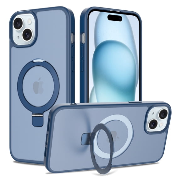 Dteck Magnetic Case for iPhone 13,Shockproof Matte Translucent PC Case Compatible with Mag Safe Ring Holder Kickstand Silicone Bumper Cover for iPhone 13,Blue