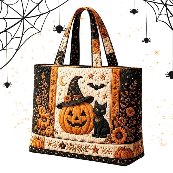 Halloween Spooky Quilted Tote Handbag, Large Capacity Travel Pouch, Casual Shoulder Bag for Shopping Beach Vacation(RL)