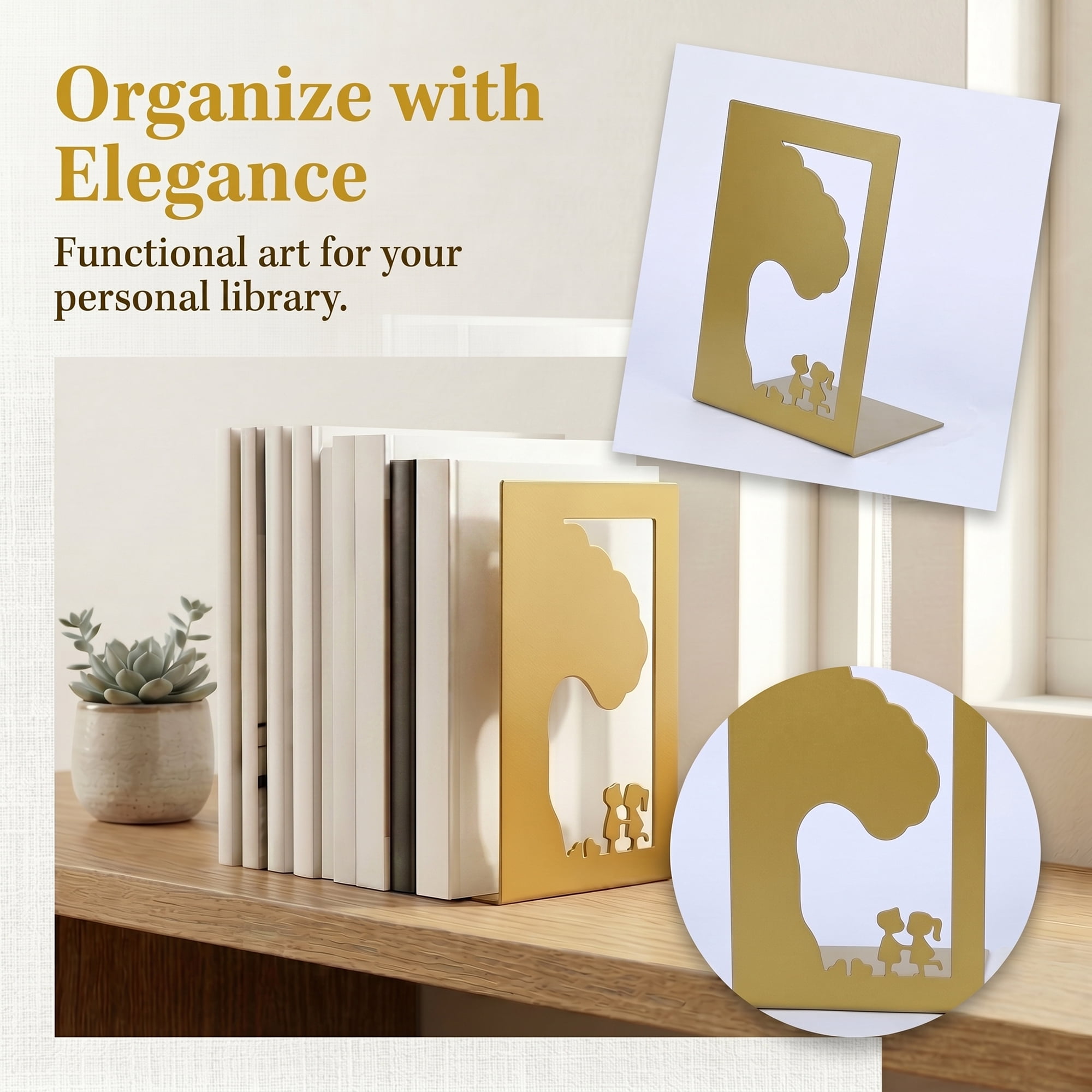 Unique Bargains 2Pcs Metal Laser Cut Tree Design Bookends Gold Tree 7.9*4.3*6.7inch
