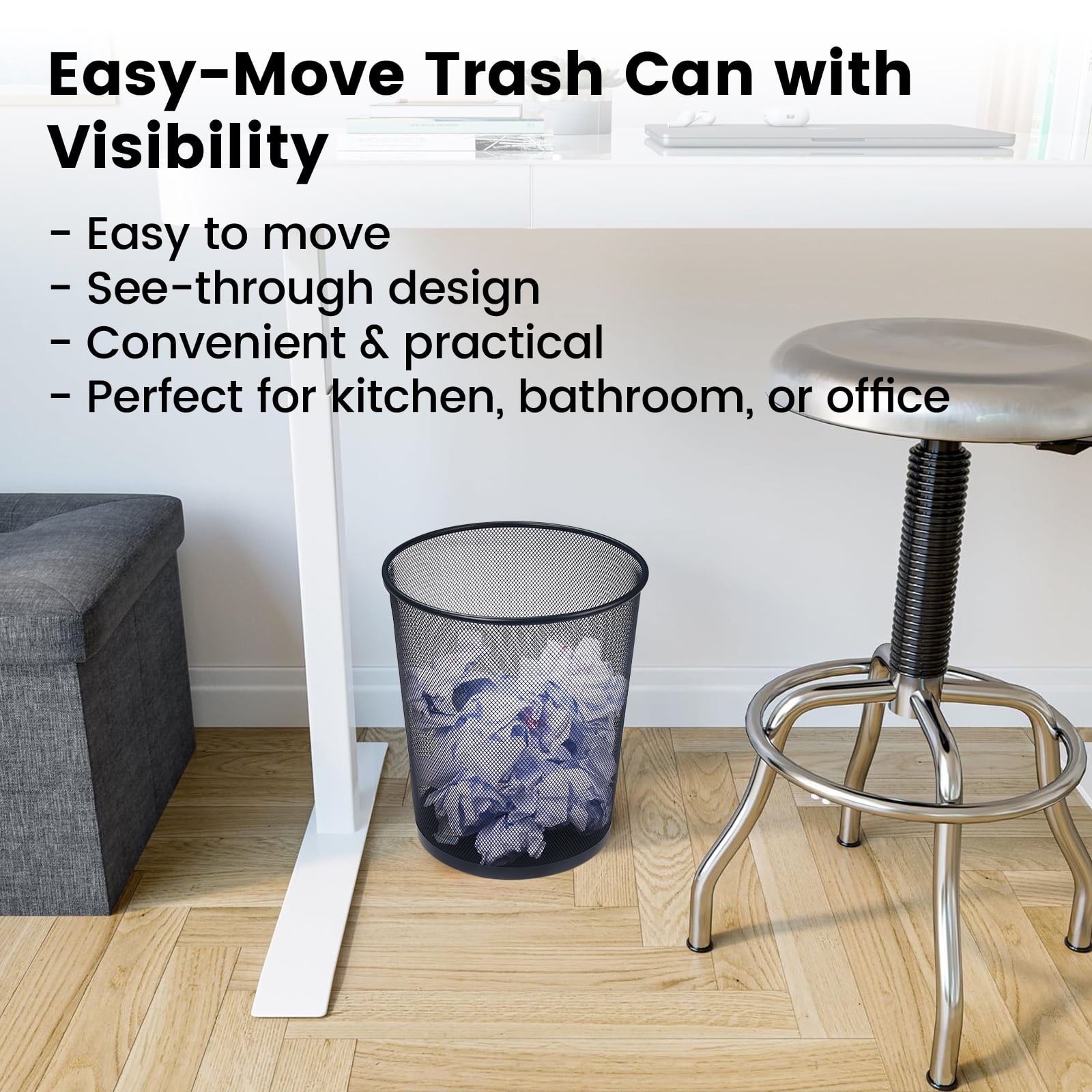 Gamexcel 5-Gallon Metal Mesh Trash Can 4 Pack, Round Open Top Black Waste Basket for Office, Bedroom and Bathroom