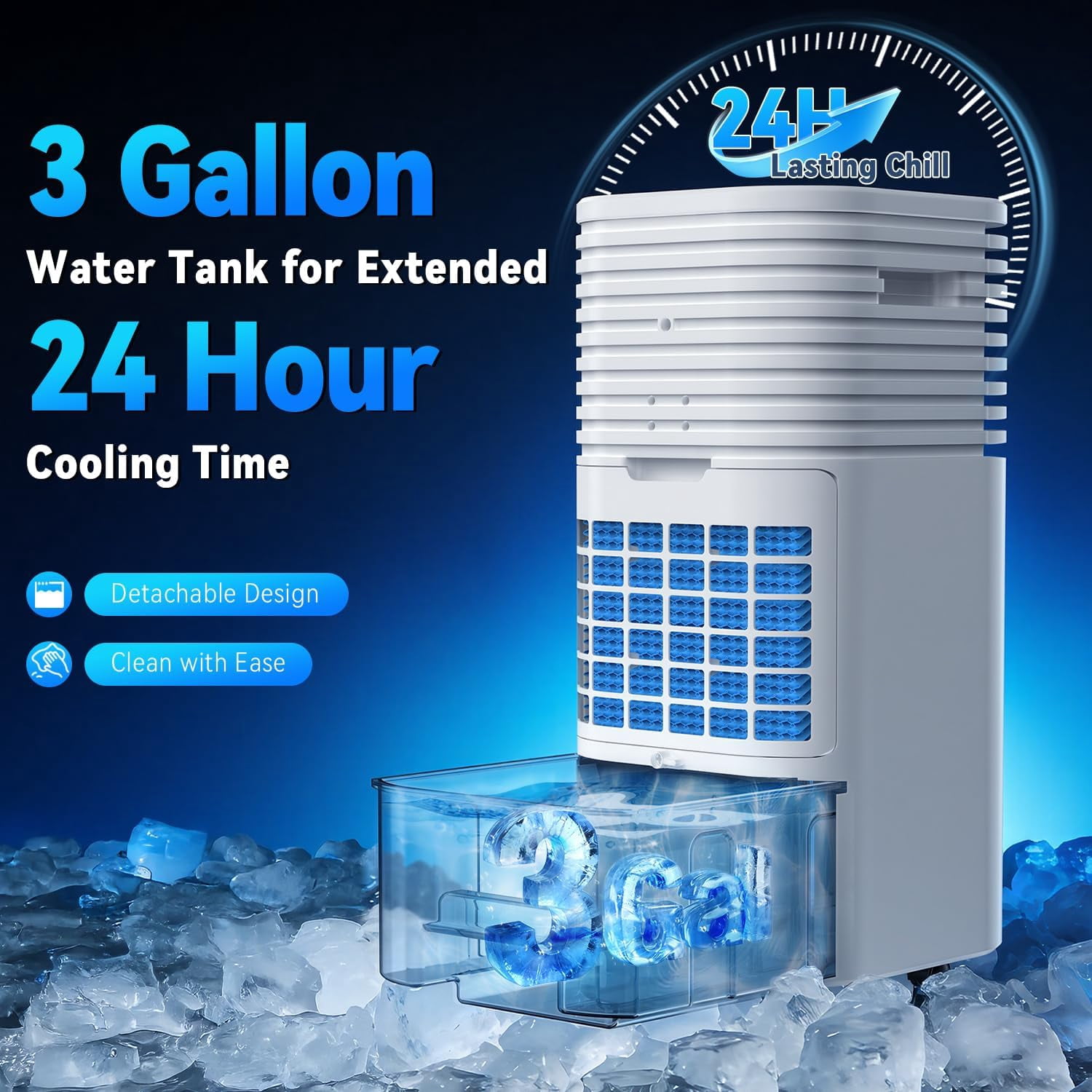 Windowless Air Conditioner Portable 1800CFM w/4 Modes&3 Speeds, 15H Timer&20 FT Remote, 3 Gal Tank for 24H Cooling Swamp Cooler, 4 Ice Packs, 120° Swing Evaporative Air Cooler for Room Indoor