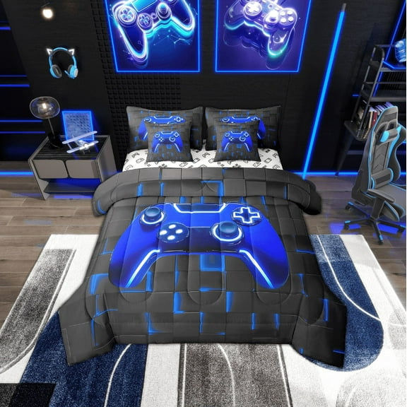 Erosebridal Gradient Gamepad Bedding Twin Size, Neon Blue Futuristic Cubes Comforter Sets with Sheets, Game Room Decor, Reversible 7pcs