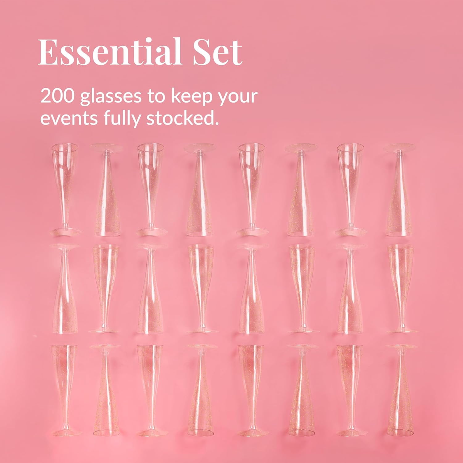 200 Disposable Champagne Flutes Gold Glitter Glasses - 6 Oz Plastic Champagne Cups for Parties, Wedding Toasts, Mimosa Bar, and New Year’s Eve - Elegant Bulk Gold Plastic Wine Flutes
