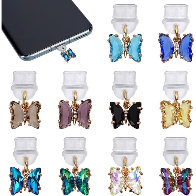 10 Tapones Antipolvo para Móviles Tipo C con Colgantes de Mariposa de Cristal y Diamantes de Imitación, Tapones Antipolvo de Plástico PVC para Puertos USB-C, Protectores con Colgantes