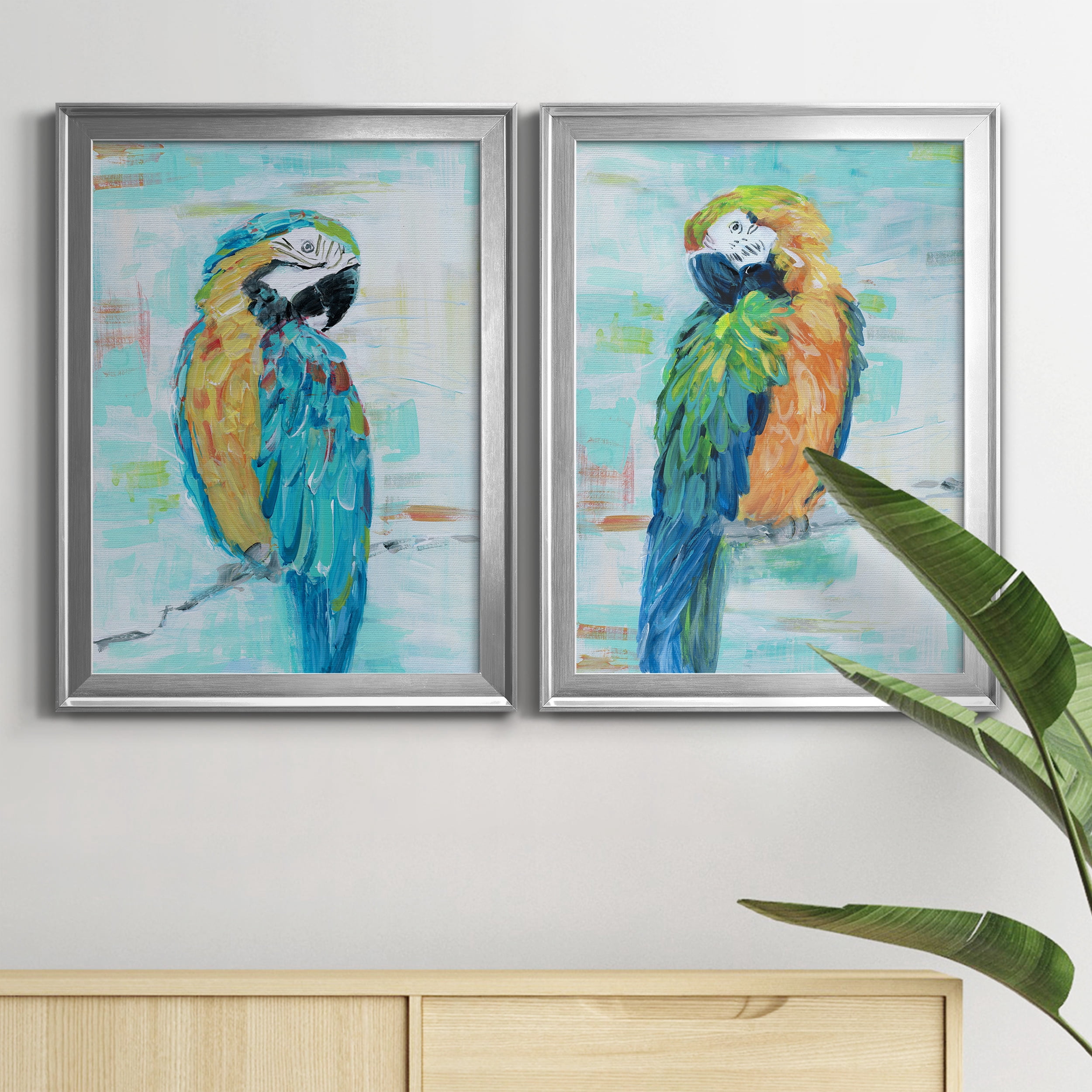 2 Piece Set Island Parrot I Premium Framed Canvas - Ready to Hang - 22.5 x 30.5 Each - Silver Frame