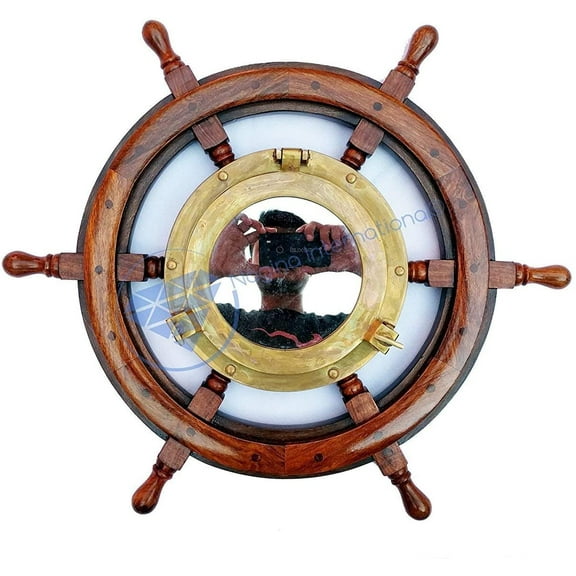 Nagina International Natural Wood Ship Wheel with Premium Antique Brass Porthole Mirror | Maritime Home Decor Gift (48 Inches)