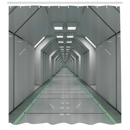 Futuristic Shower Curtain Sci Fi Corridor Inside Space Station Ship Laboratory Technology Fiction Picture Art Fabric Bathroom Set With Hooks Green