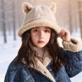 thumbnail image 4 of Ferjadq Kids Fuzzy Fleece Cat Ear Bucket Hat Short Brim Cute Winter Fisherman Cap for Toddler Girls Multi Tone Beige,2-8 Years, 4 of 6