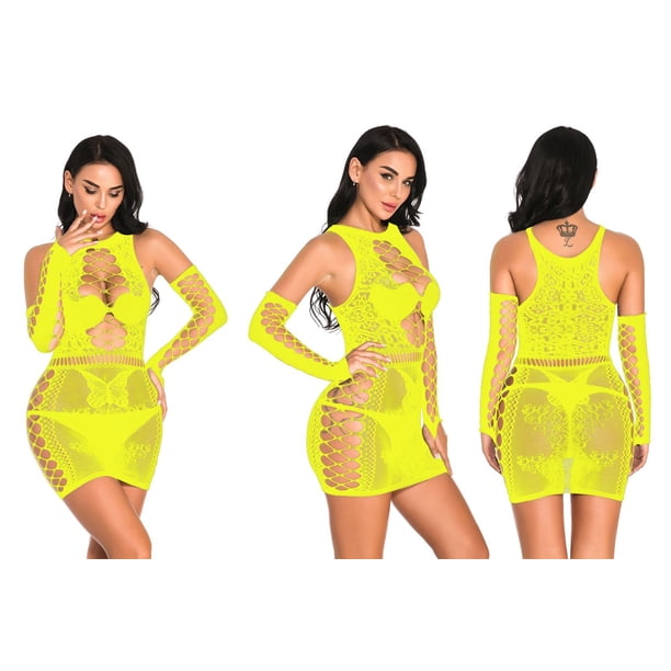 2023 lencería sexy europea y americana estilo caliente bolso de mariposa vestido de cadera traje de manga media falda corta amarillo fluorescente talla única XianweiShao 1327533018616