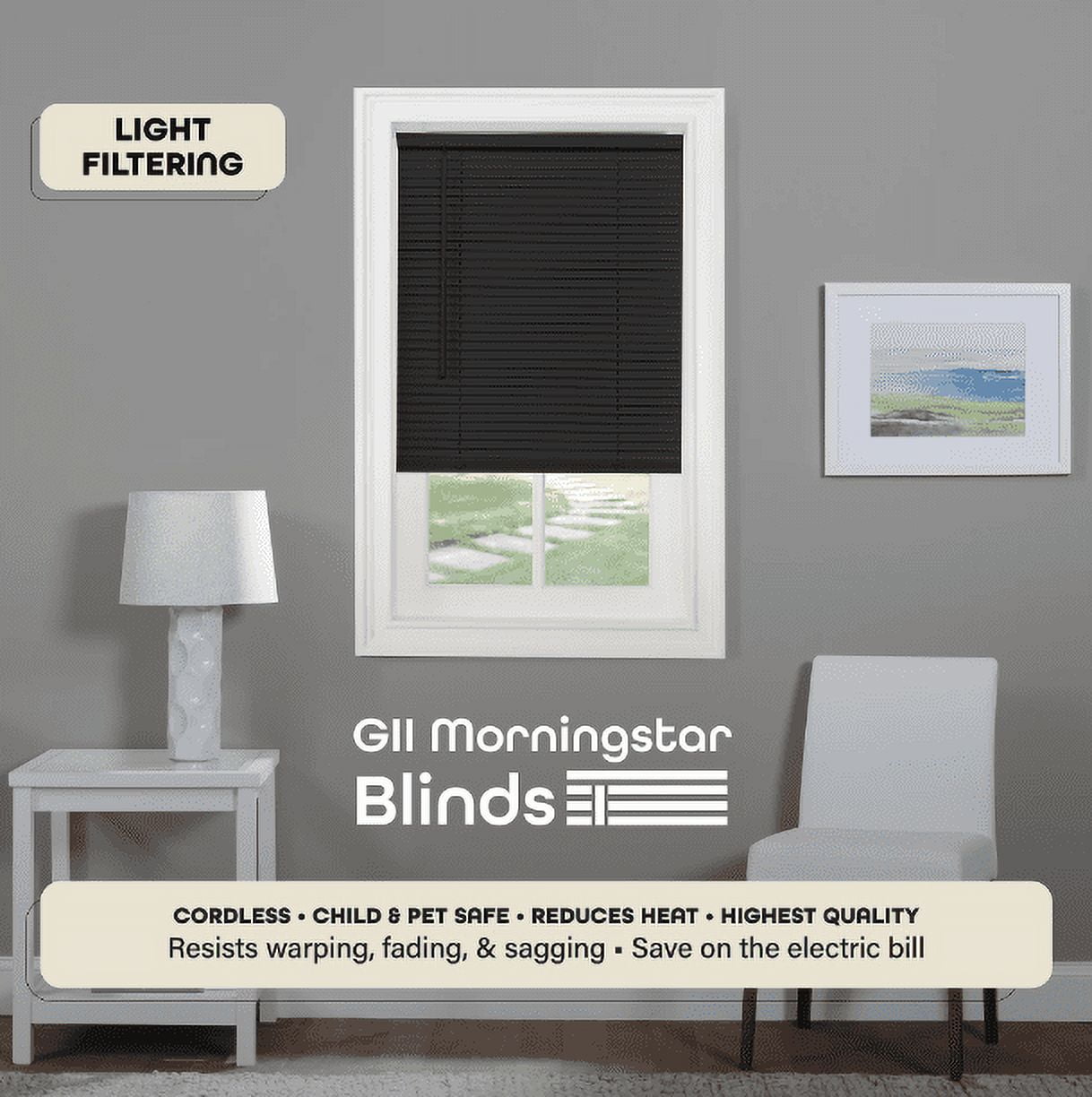 Achim Cordless Vinyl Mini Window Blinds, Black, 45" x 48"