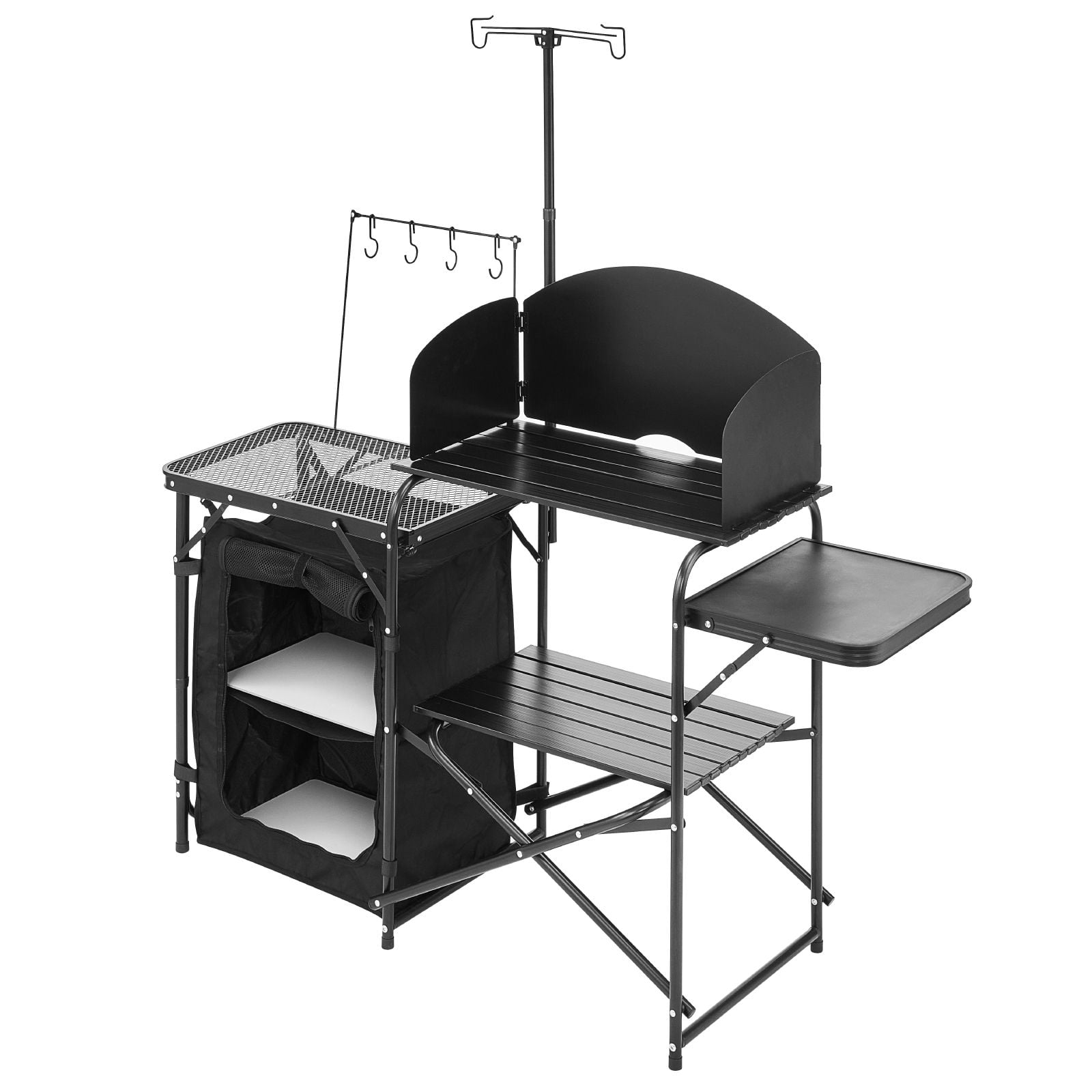 Camping Kitchen Table, Outdoor Camp Cooking Table, Aluminum Portable Cook Station with Storage Cupboard, Carrying Bag, Detachable Windscreen, Quick Set-up for BBQ Party Picnic RV Travel, Black