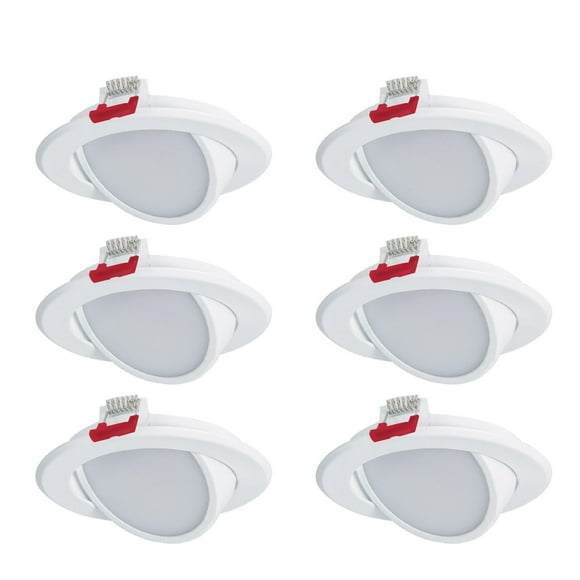 Nadair, 4’’ LED Gimbal Recessed Ultra Slim Lights, 6-pack, IC rated, Dimmable, 9W=50W, 550 Lumens, 3 Built-in color temperature, 3000K,4000K,5000K, Large Junction box, Quick Connect System, White Fini