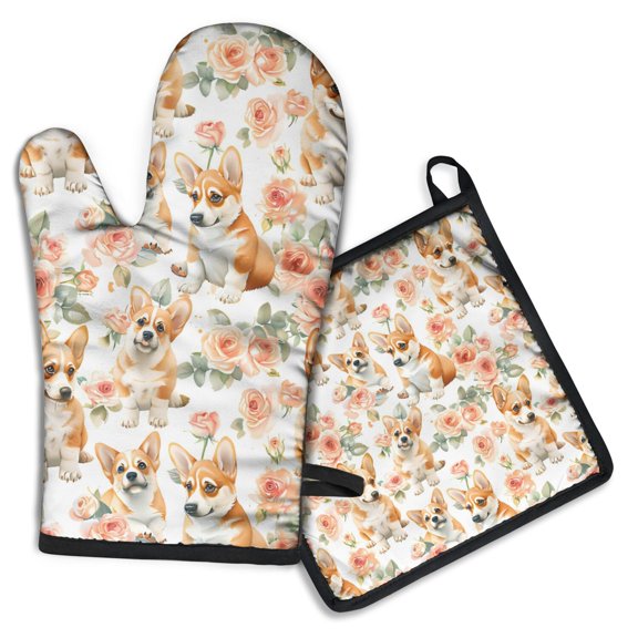Corgi Dog and Flower Florals Kitchen Oven Mitt and Pot Holder Sets 2 Pcs for Baking, Cooking and Grilling, Heat Resistant Up To 392 °F
