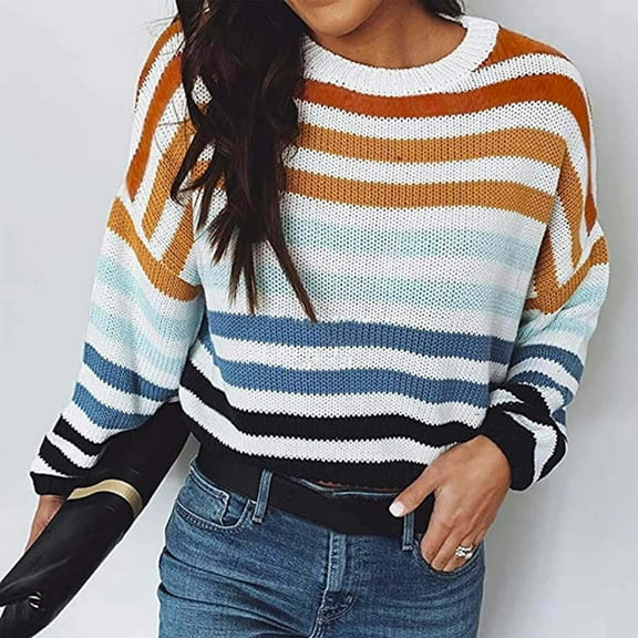 Black·Friday·Deals Idoravan Sweaters for Women Fall Clearance Women's Fashion Striped Colorblock Cropped Short Knit Sweater