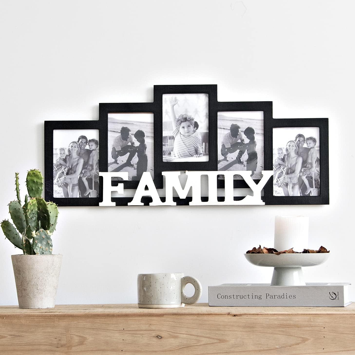 MODE HOME Wood Wall Hanging Family Picture Photo Frame Collage, 4 x 6 Photo Frames for Family Pictures Wall Decor, 5 Openings Black