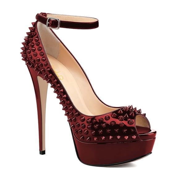 XYD Women's Peep Toe Strap Buckle Studded Pumps Platform Stilettos Super High Heels Sexy Nightclub Dress Shoes Size 7 Red