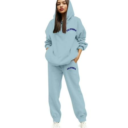 sususu Women S Lounge Fall Outfits Women s Casual Hooded Tracksuit Set Printed Lettering Drawstring Jogger Pants Comfortable Athletic Wear Outfit For Daily Life - Sky Blue