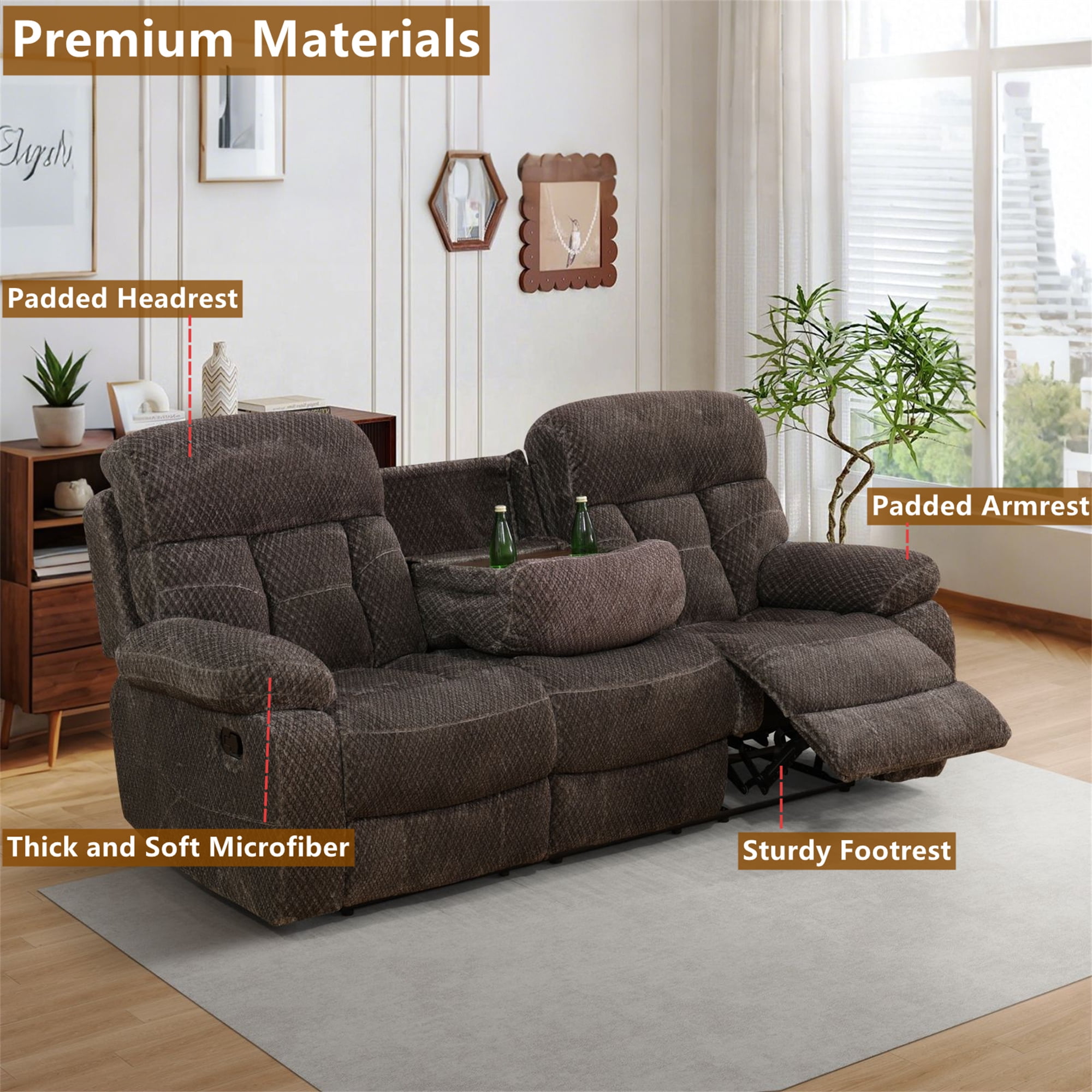 Aukfa 3-Piece Recliner Sofa Set, Oversized Armchair+Loveseat +3 Seat Sofa, 2 Cup Holders&Storage Console, Microfiber, Brown