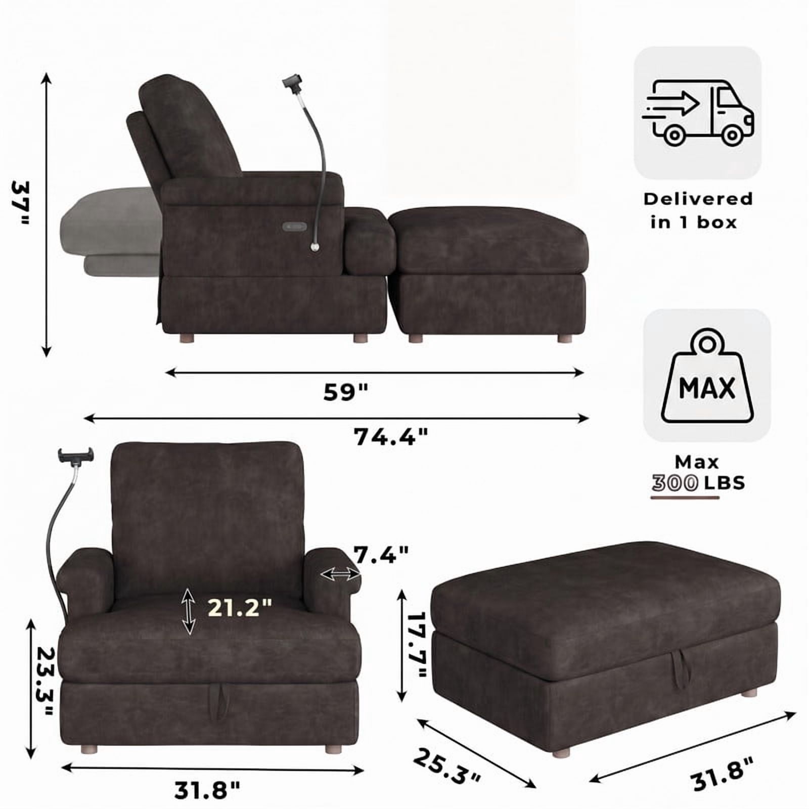 Gewnee 59" Chaise Lounge Chair Indoor, Oversized Chair with Ottoman, USB Ports&Phone Holder, Adjustable Indoor Lounge Chair for Living Room, Black
