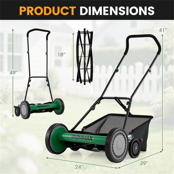 imerelez Push Reel Lawn Mower, 18-Inch 5-Blade Cordless Manual Reel Lawn Mower, Walk-Behind Steel Lawn Mower with 9-Position Cutting Height Adjustment & Sponge Grip Green