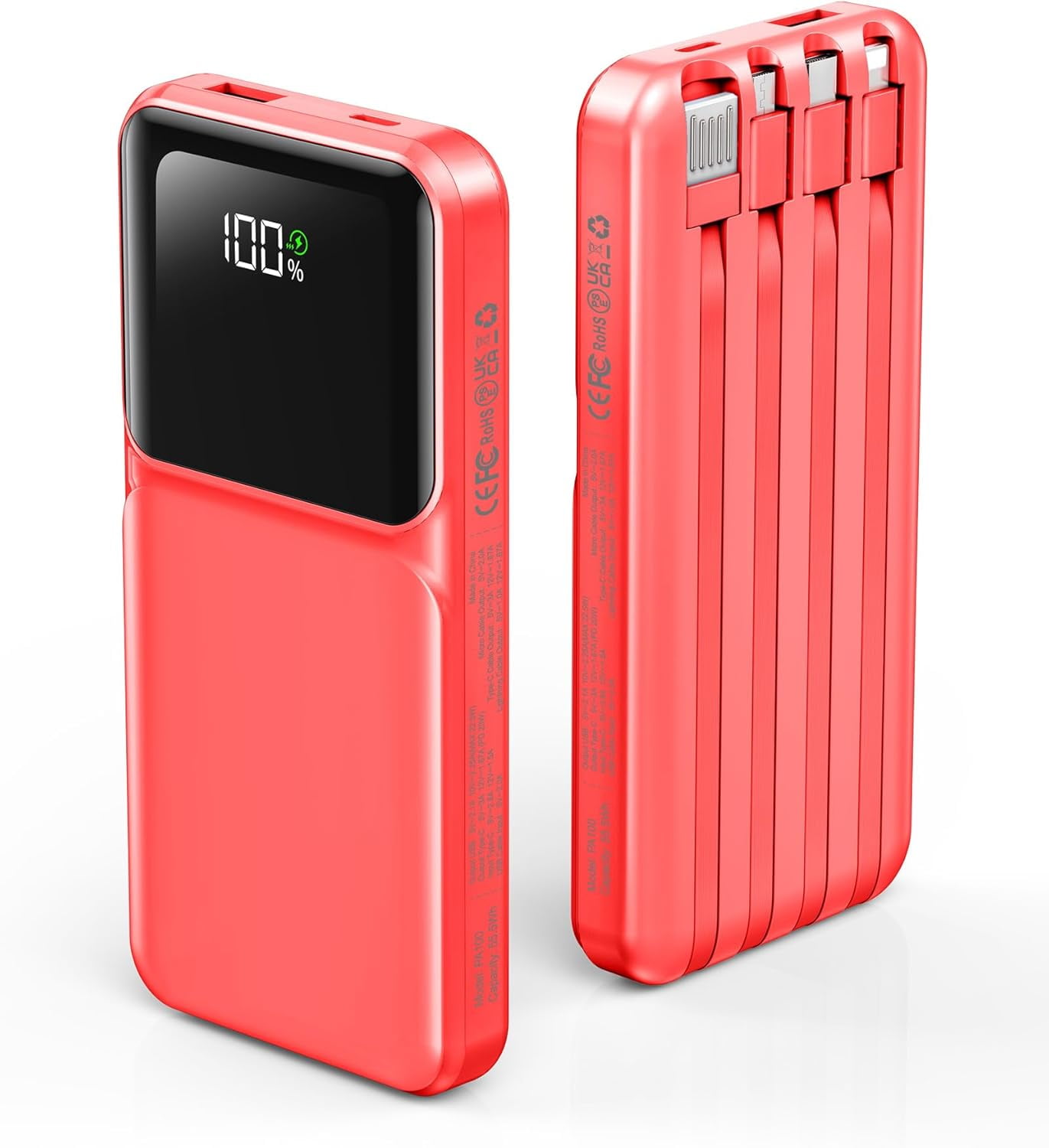 MHAWBL-Portable Charger with Built in Cable - Power Bank Fast Charging USB C LED Display 10000mah Battery Pack 5 Outputs & 3 Inputs for Travel Essentials iPhone Samsung Android Phones Tablets Red
