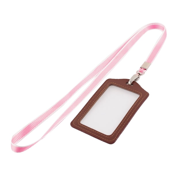 Lanyard Faux Leather Vertical Office Name ID Card Tag Badge Holder Brown Pink