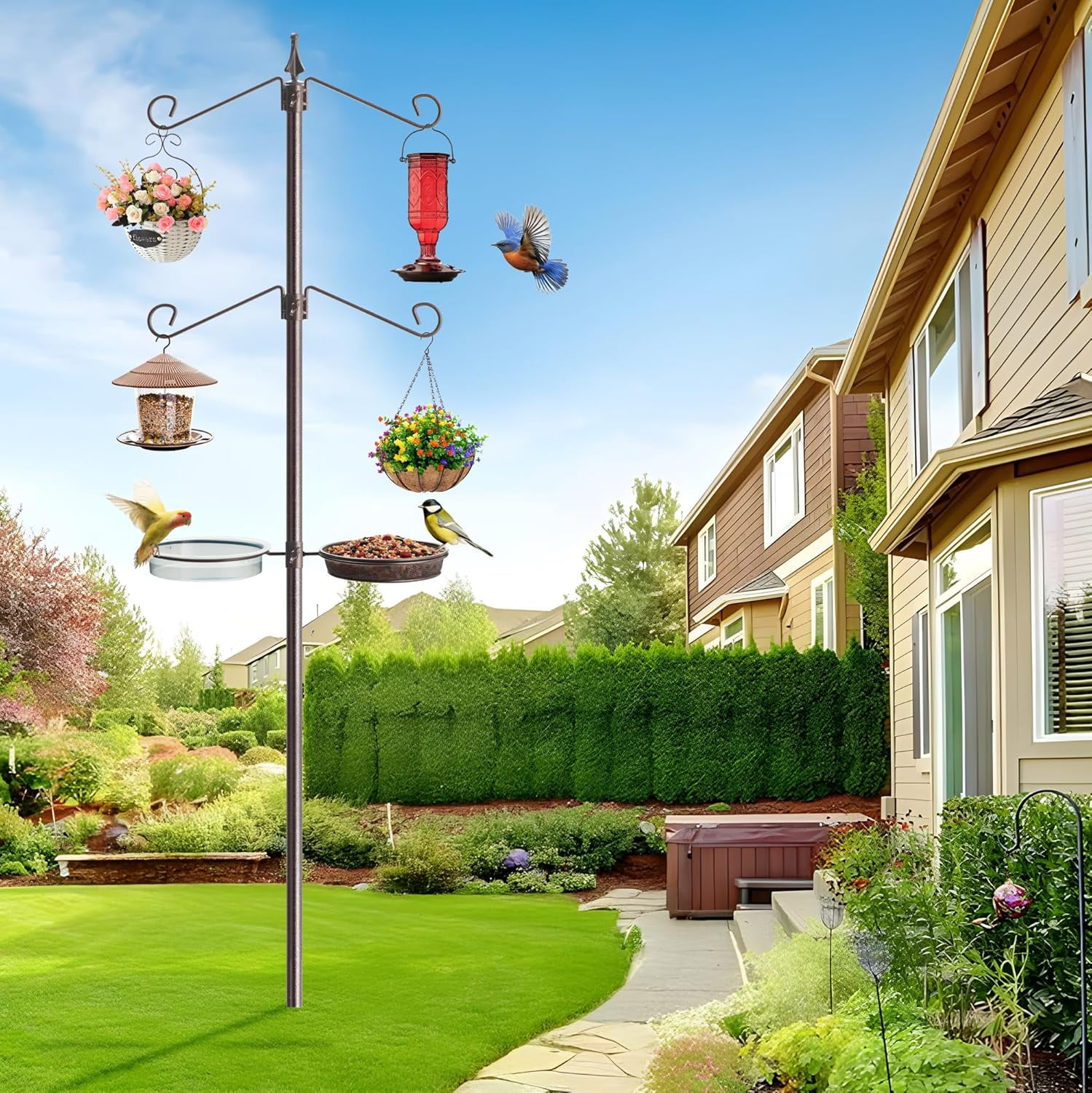 Bird Feeding Station Kit, Adjustable Birds Feeder Stand Pole with 6-Hook, Bird Bath and Mesh Tray, Curved Squirrel Baffle