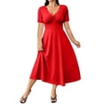thumbnail image 2 of Ayolanni V-Neck Dresses for Women Casual Short Sleeve Solid Maxi A-Line Dress Dressy Fitted Waist Vacation Wedding Guest Lace Patchwork Sundress Red XXL, 2 of 9