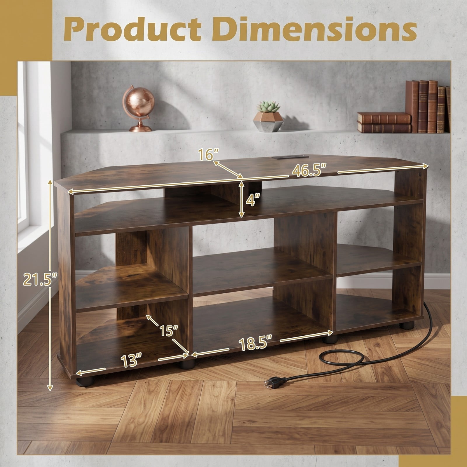 Furnibear Corner TV Stand for TVs up to 55 Inch, Entertainment Center with Charging Station, 3 Adjustable Shelves, Wood Media Console Side Cabinet for, Rustic Brown