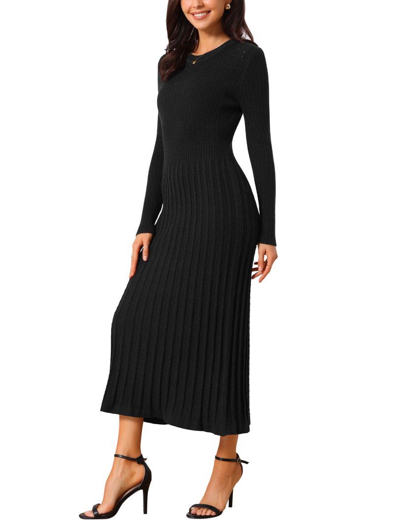 black pleated sweater dress Stichou Womens Winter Dresses Long Sleeve Knitted Casual Pleated Sweater Dress Mock Neck Trendy Plain Dresses Black M