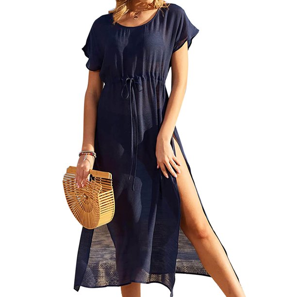 Women Swimsuit Cover Up Short Sleeve Beach Bikini Cover Ups Side Split Kaftan Dress Alsol Lamesa
