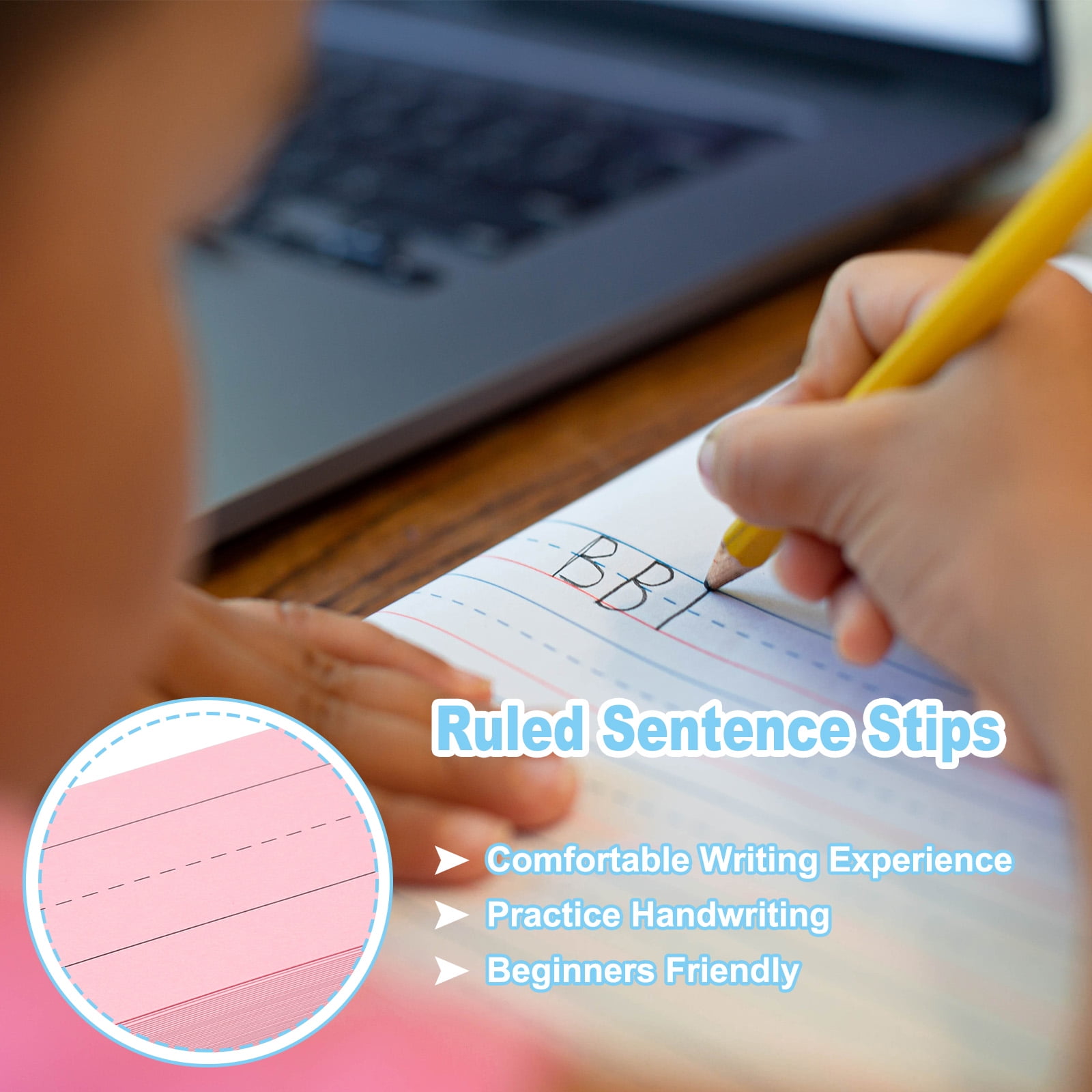 Uxcell 100 Sheets Ruled Sentence Strips, 3" x 17" Cardstock 250GSM Writing Paper Blue Red Lined for Classrooms, Pink