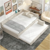 JERFIT Size Upholstered Platform Bed with USB and Twin Size Trundle Beige