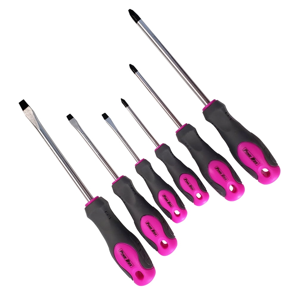 Six Piece Pink Power Screwdriver Set with Magnetic Tip Flat Head Phillips Grip 