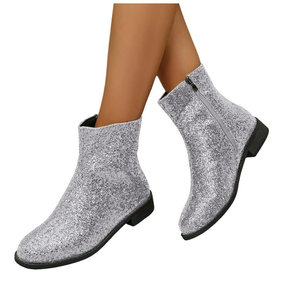 Mostsola Womens Fall Boots Sparkly Sequin Chunky Heel Ankle Boots Zip up Round Toe Dressy Booties