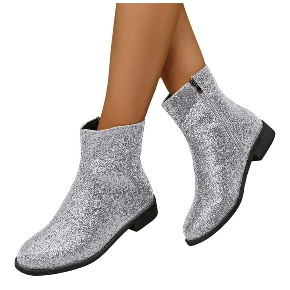 Women's Sparkly Sequin Ankle Booties Metallic Glitter Leather Mid Calf Chelsea Dress Boots with Side Zipper Silver Size 7