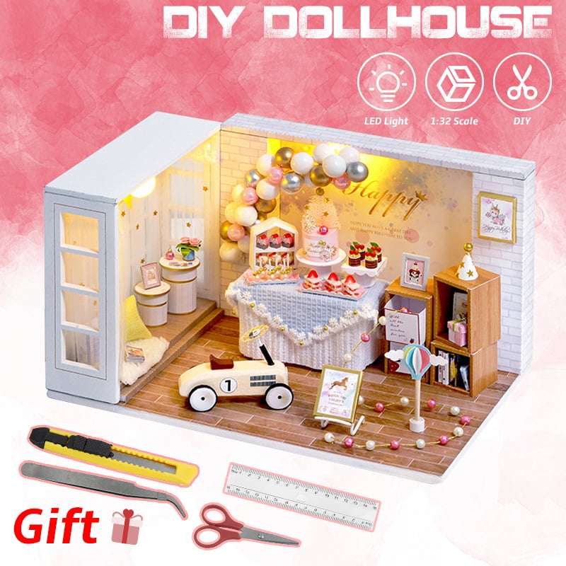 Doll House Kits To Build Set with Furniture Miniature  Wooden DIY.pink Loft. 