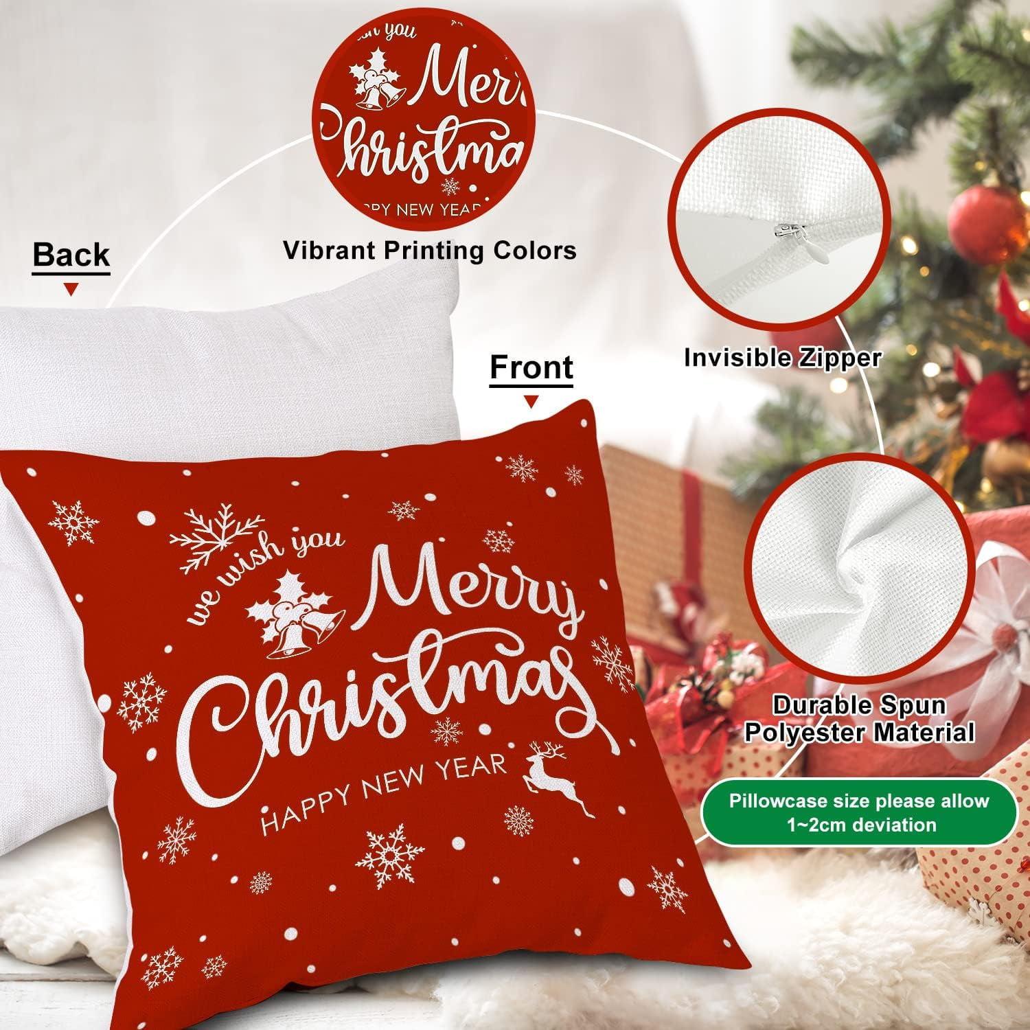 Christmas Throw Pillow Covers 20x20 Set of 4, Merry Christmas Winter Xmas Snowflake Decorative Holiday Cushion Pillow Cases 20 x 20 for Outdoor Indoor Farmhouse Home Room Couch Decor (Red)