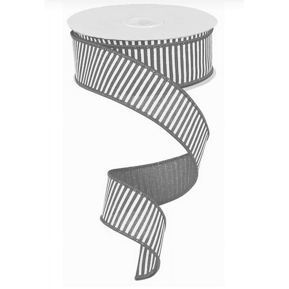 1.5"X10yd Grey Horizontal Stripes on White Royal Wired Edge RibbonRG178010