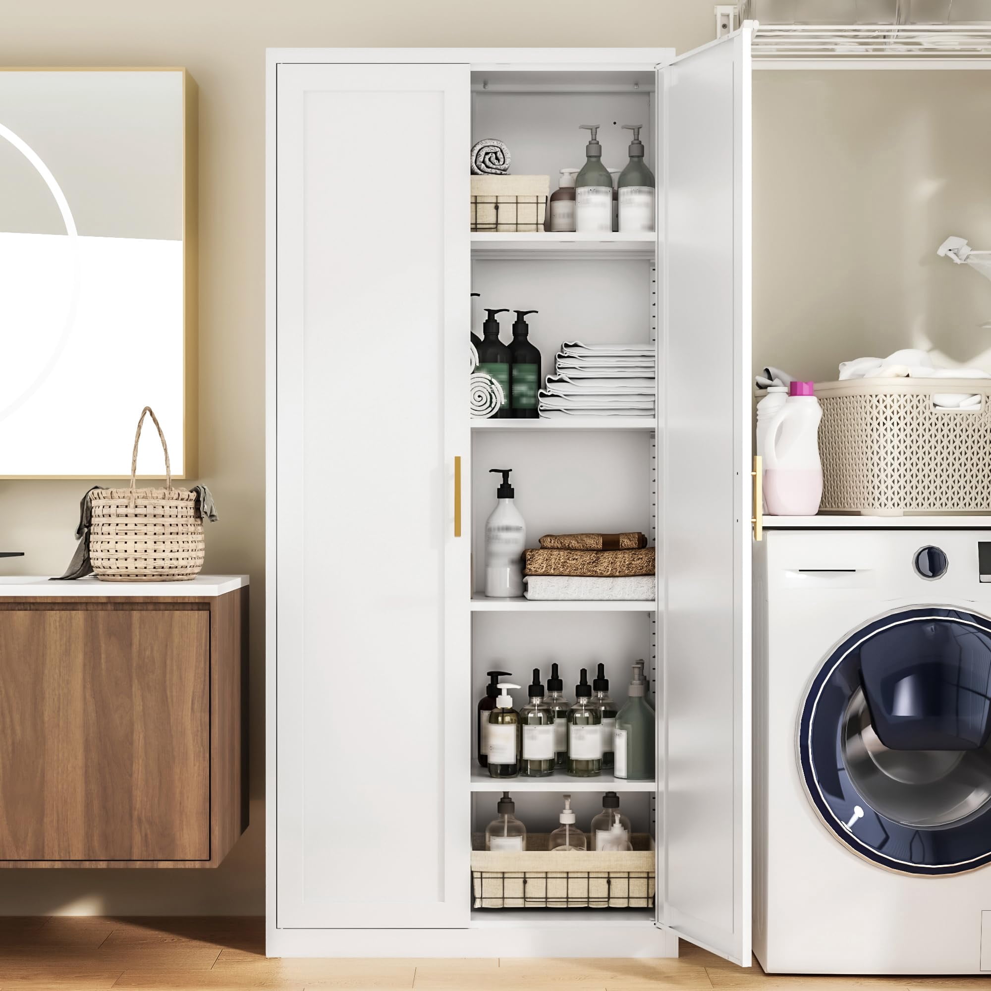 Kitchen Pantry Cabinet,71” Metal Tall Pantry Storage Cabinet with Doors and 4 Adjustable Shelves,Kitchen Storage Cabinets White Freestanding Food Cabinet for Pantries, Kitchen, Dining Room