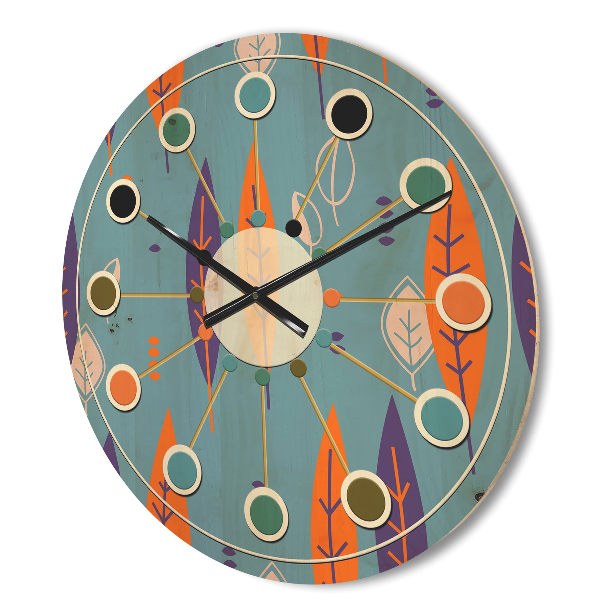 Designart 'Botanical Floral Retro Pattern II' Mid-Century Modern Wood Wall Clock